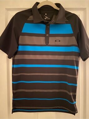 Oakley Men’s Black, Gray & Blue Stripe Performance Polo